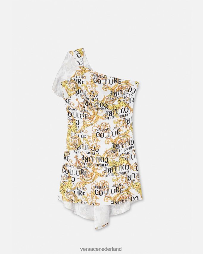 Versace Couturejurk met één schouder en logo vrouwen goud en wit kleding J2T4F42186