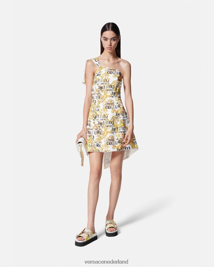 Versace Couturejurk met één schouder en logo vrouwen goud en wit kleding J2T4F42186