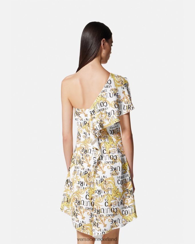 Versace Couturejurk met één schouder en logo vrouwen goud en wit kleding J2T4F42186