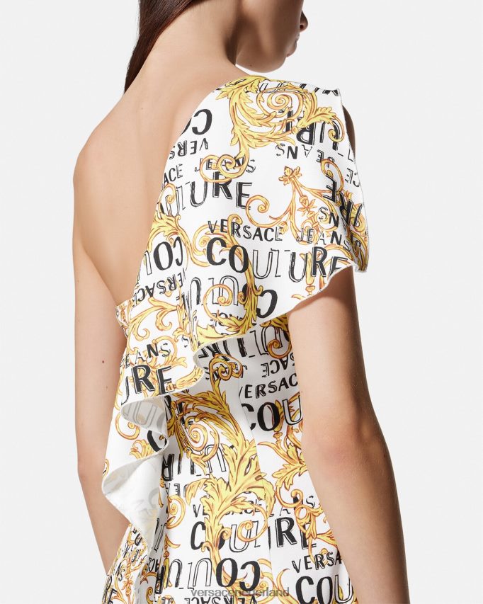Versace Couturejurk met één schouder en logo vrouwen goud en wit kleding J2T4F42186