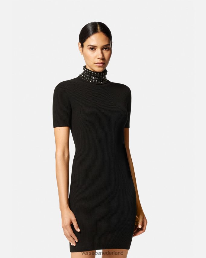 Versace Gebreide midi-jurk met col en puntige col vrouwen zwart kleding J2T4F471