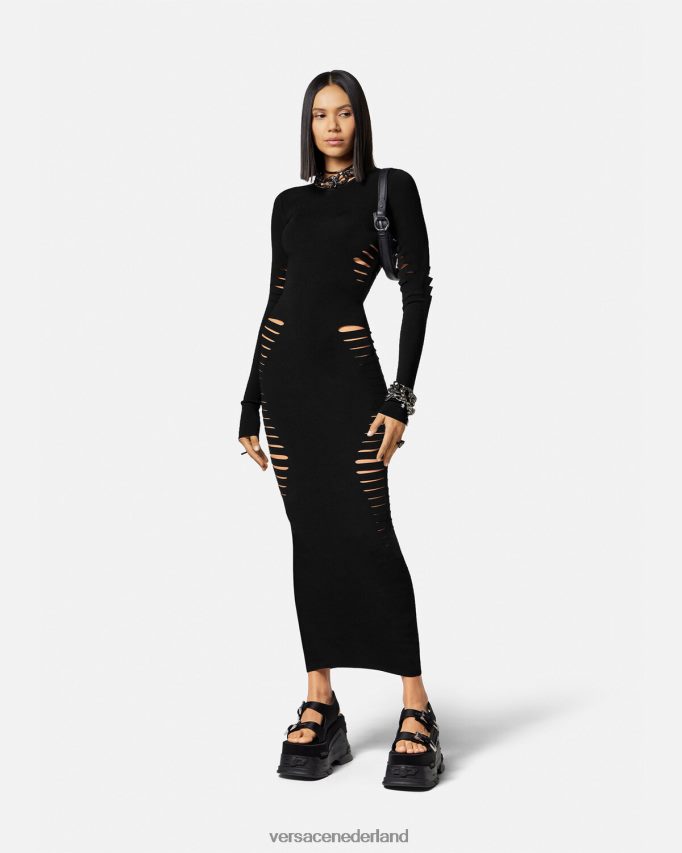 Versace Gebreide midi-jurk met snit vrouwen zwart kleding J2T4F450
