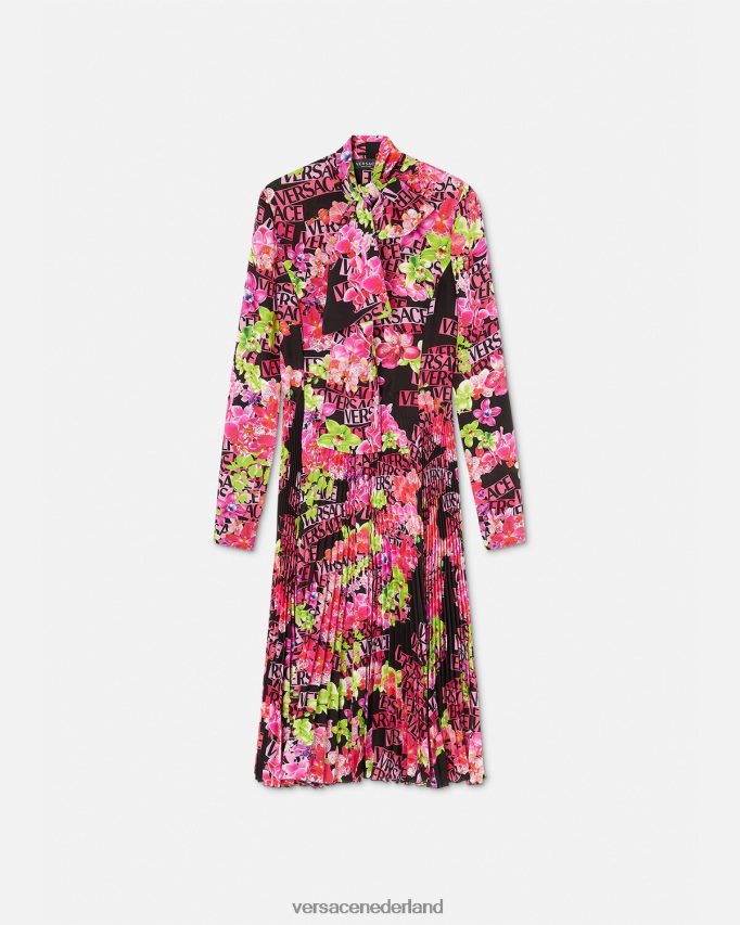 Versace Midi-overhemdjurk met orchideelogo en logo vrouwen zwart en afdrukken kleding J2T4F468