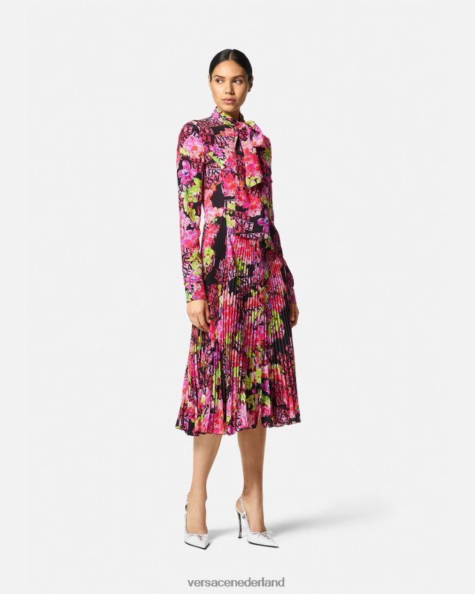 Versace Midi-overhemdjurk met orchideelogo en logo vrouwen zwart en afdrukken kleding J2T4F468