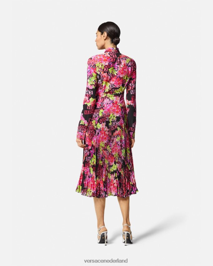 Versace Midi-overhemdjurk met orchideelogo en logo vrouwen zwart en afdrukken kleding J2T4F468