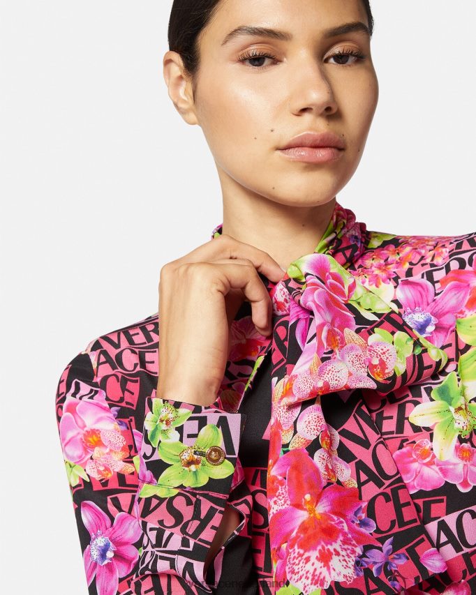 Versace Midi-overhemdjurk met orchideelogo en logo vrouwen zwart en afdrukken kleding J2T4F468