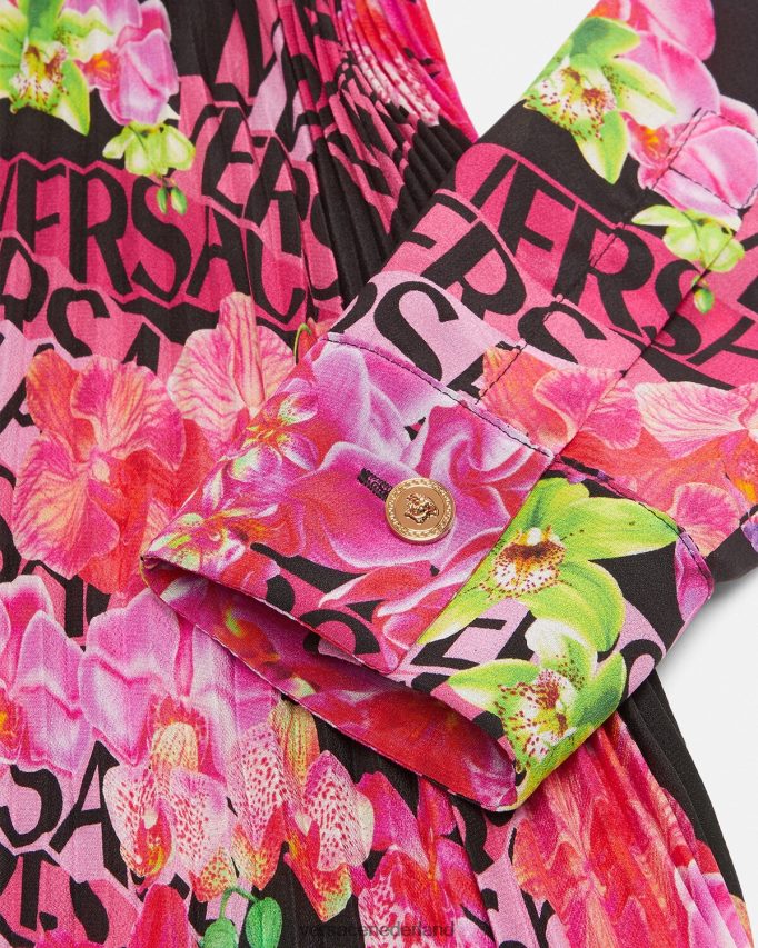 Versace Midi-overhemdjurk met orchideelogo en logo vrouwen zwart en afdrukken kleding J2T4F468