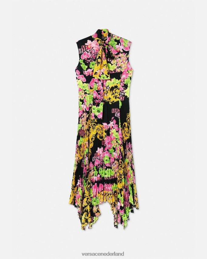 Versace Midi-overhemdjurk met orchideelogo en logo vrouwen zwart en afdrukken kleding J2T4F469
