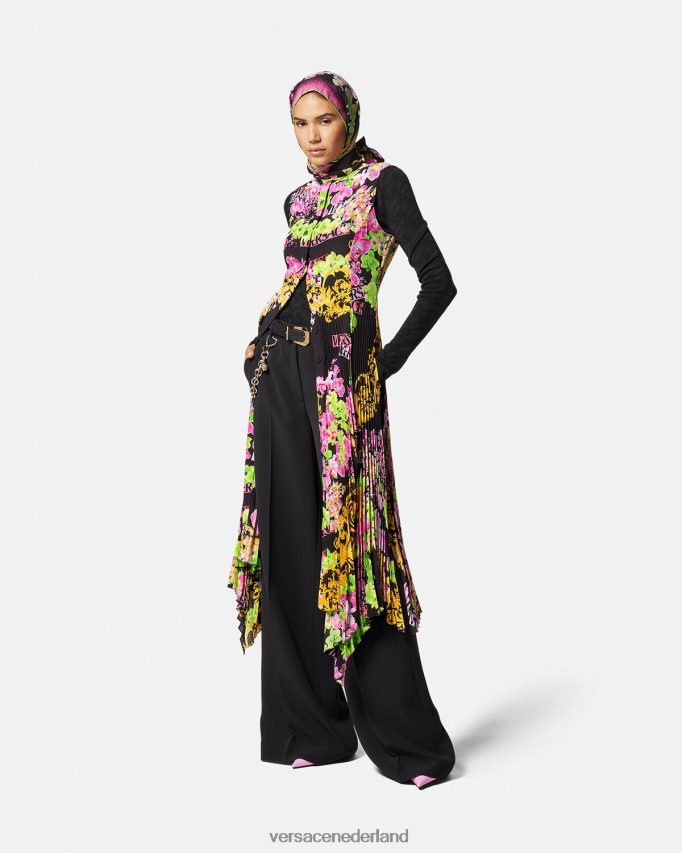 Versace Midi-overhemdjurk met orchideelogo en logo vrouwen zwart en afdrukken kleding J2T4F469