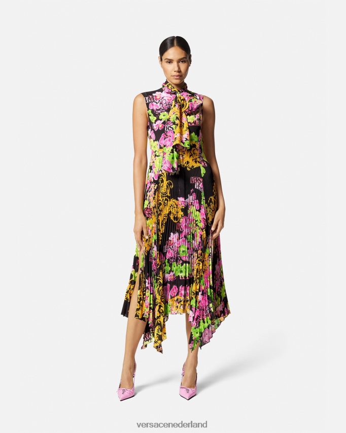 Versace Midi-overhemdjurk met orchideelogo en logo vrouwen zwart en afdrukken kleding J2T4F469