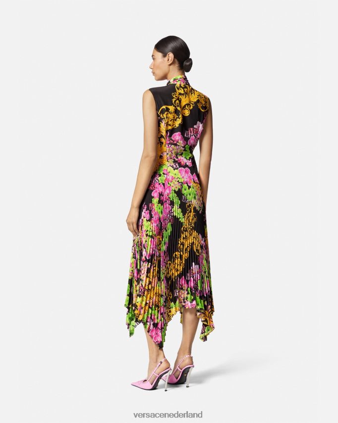 Versace Midi-overhemdjurk met orchideelogo en logo vrouwen zwart en afdrukken kleding J2T4F469