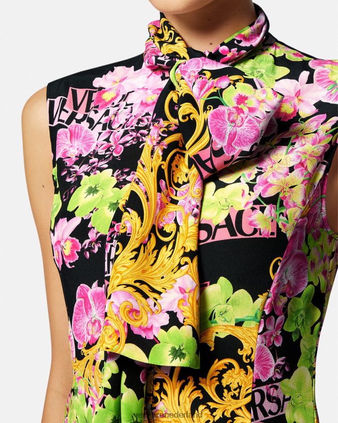 Versace Midi-overhemdjurk met orchideelogo en logo vrouwen zwart en afdrukken kleding J2T4F469