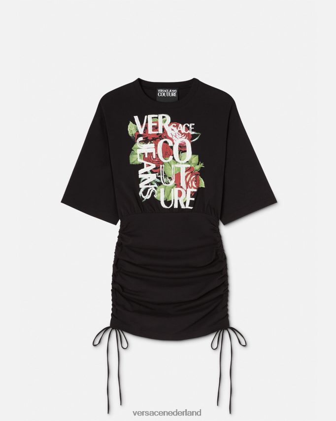 Versace T-shirtjurk met rozenlogo en veters vrouwen zwart kleding J2T4F42161