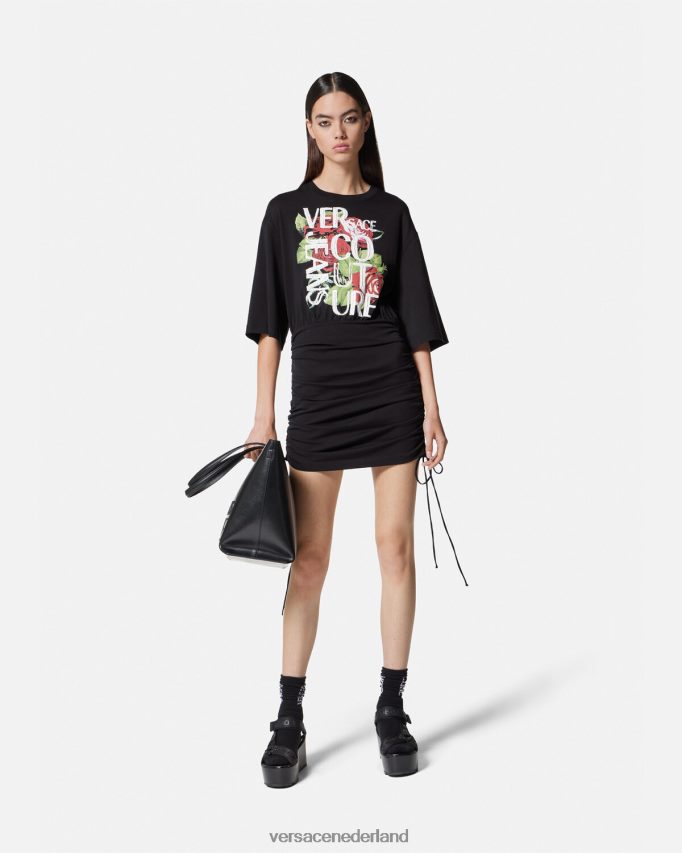 Versace T-shirtjurk met rozenlogo en veters vrouwen zwart kleding J2T4F42161