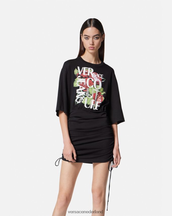 Versace T-shirtjurk met rozenlogo en veters vrouwen zwart kleding J2T4F42161