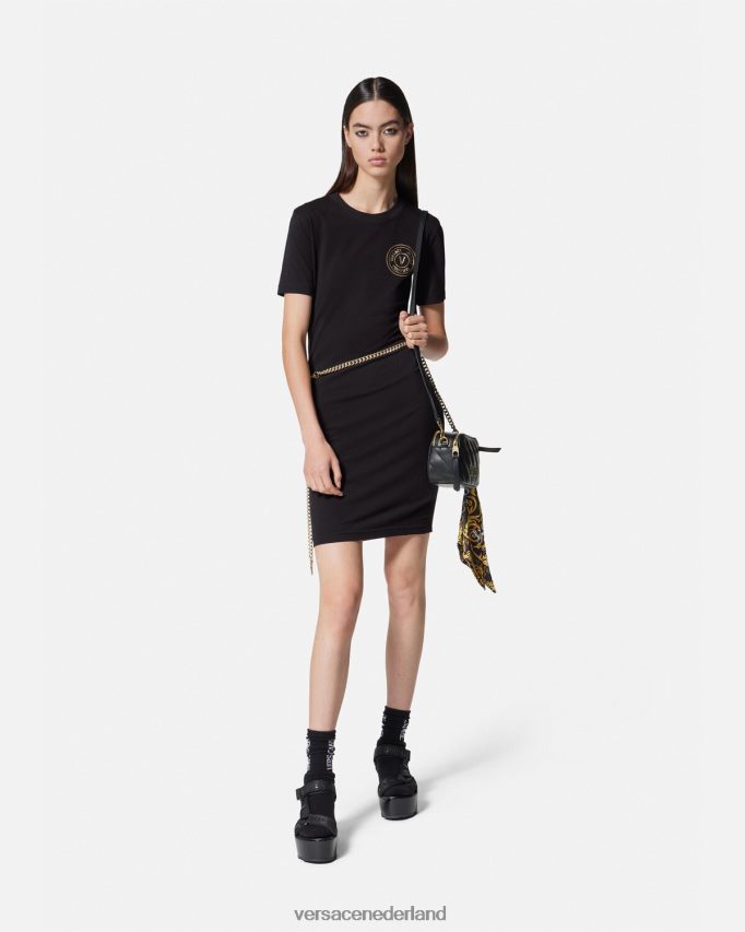 Versace T-shirtjurk met v-embleemlogo vrouwen zwart goud kleding J2T4F42144