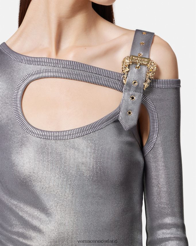 Versace barokke midi-jurk met uitgesneden gesp vrouwen zilver kleding J2T4F42196
