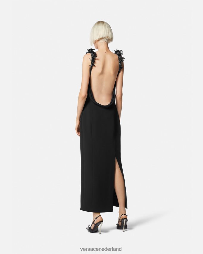 Versace opgerolde, verfraaide zijden midi-jurk vrouwen zwart kleding J2T4F462