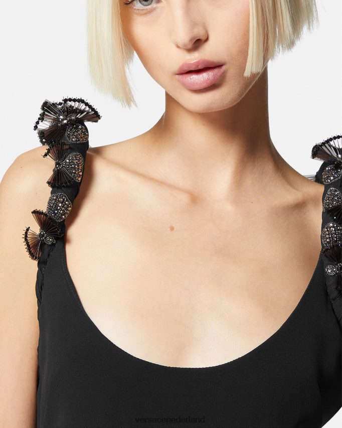 Versace opgerolde, verfraaide zijden midi-jurk vrouwen zwart kleding J2T4F462