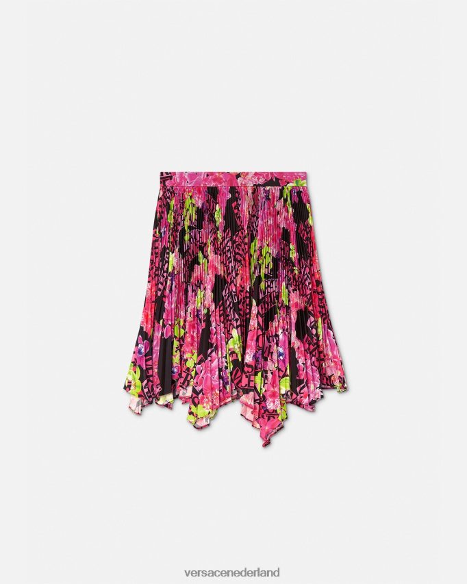 Versace Geplooide rok met logo-orchidee vrouwen zwart en afdrukken kleding J2T4F4183