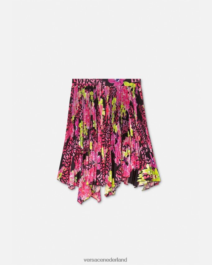 Versace Geplooide rok met logo-orchidee vrouwen zwart en afdrukken kleding J2T4F4183