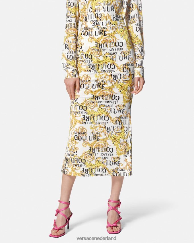 Versace Midi-rok met logocouture vrouwen goud en wit kleding J2T4F42251