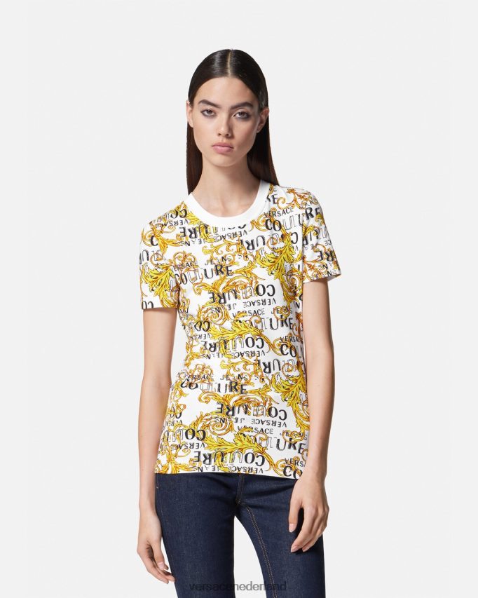 Versace Couture-T-shirt met logo vrouwen goud en wit kleding J2T4F42223