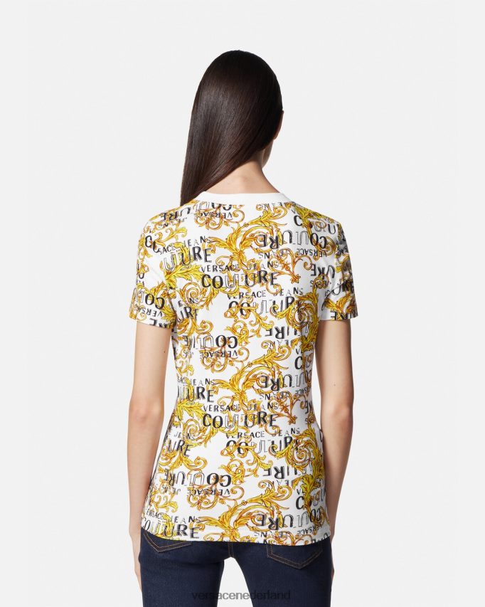 Versace Couture-T-shirt met logo vrouwen goud en wit kleding J2T4F42223