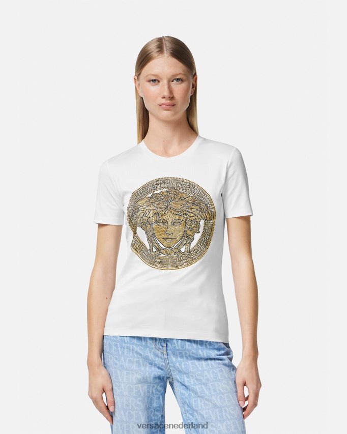 Versace Kristallen La Medusa T-shirt vrouwen wit goud kleding J2T4F4133