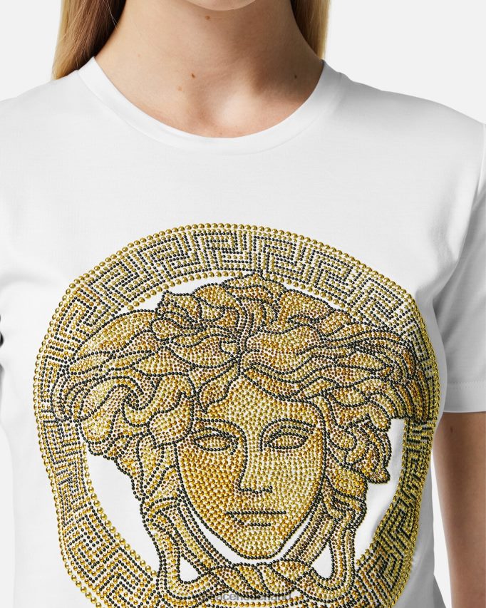 Versace Kristallen La Medusa T-shirt vrouwen wit goud kleding J2T4F4133