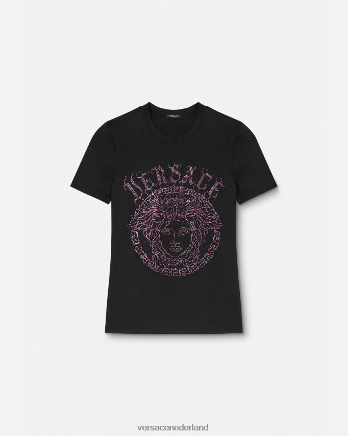 Versace T-shirt met kristallen Medusa-logo vrouwen zwart en roze kleding J2T4F4153