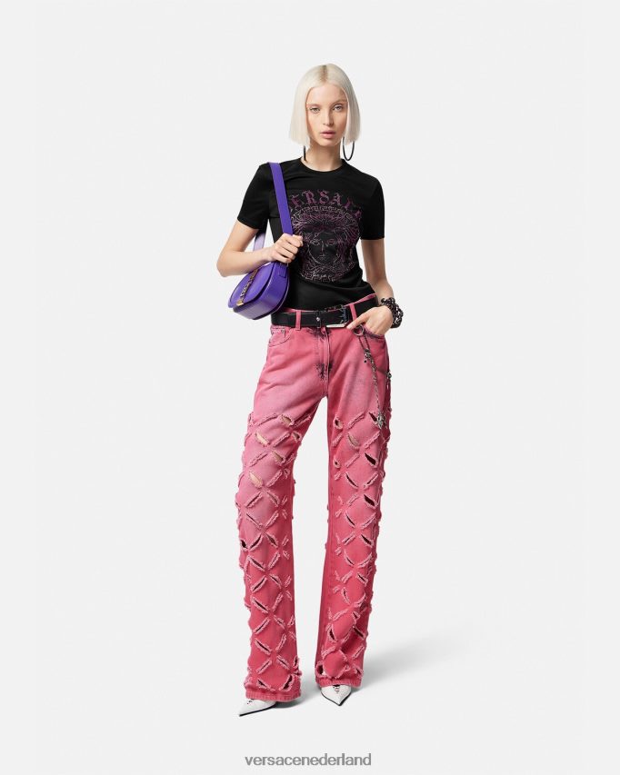 Versace T-shirt met kristallen Medusa-logo vrouwen zwart en roze kleding J2T4F4153