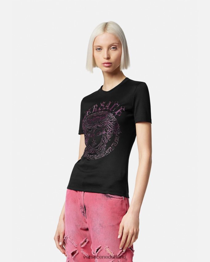 Versace T-shirt met kristallen Medusa-logo vrouwen zwart en roze kleding J2T4F4153