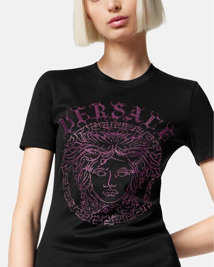 Versace T-shirt met kristallen Medusa-logo vrouwen zwart en roze kleding J2T4F4153