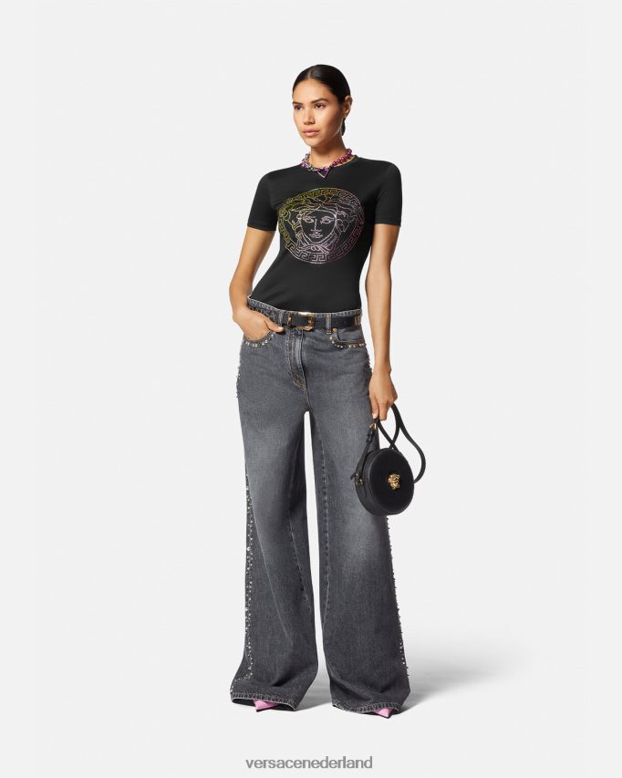 Versace T-shirt met kristallen medusa vrouwen zwart kleding J2T4F4141