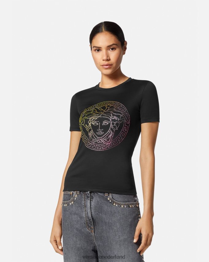 Versace T-shirt met kristallen medusa vrouwen zwart kleding J2T4F4141