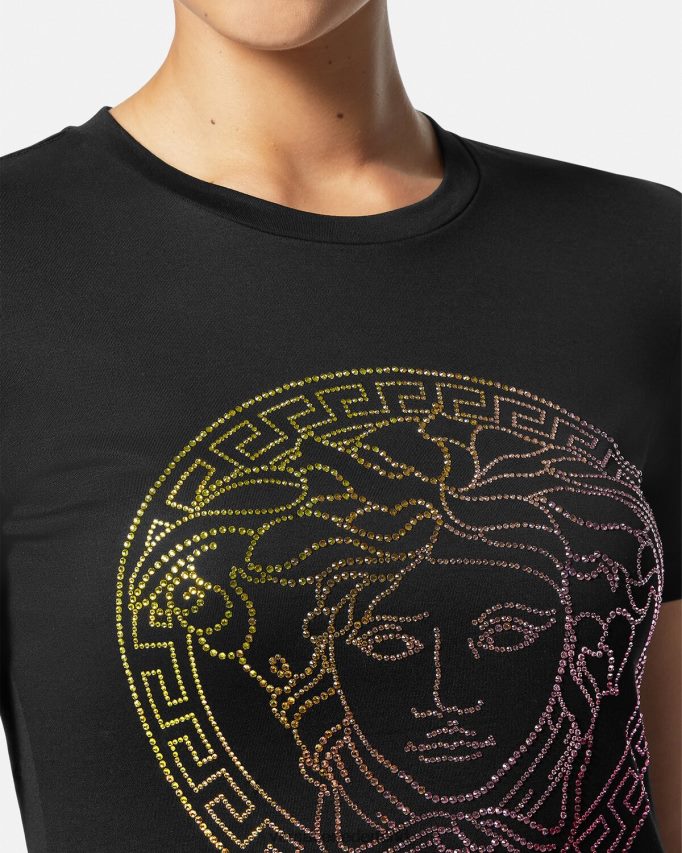 Versace T-shirt met kristallen medusa vrouwen zwart kleding J2T4F4141