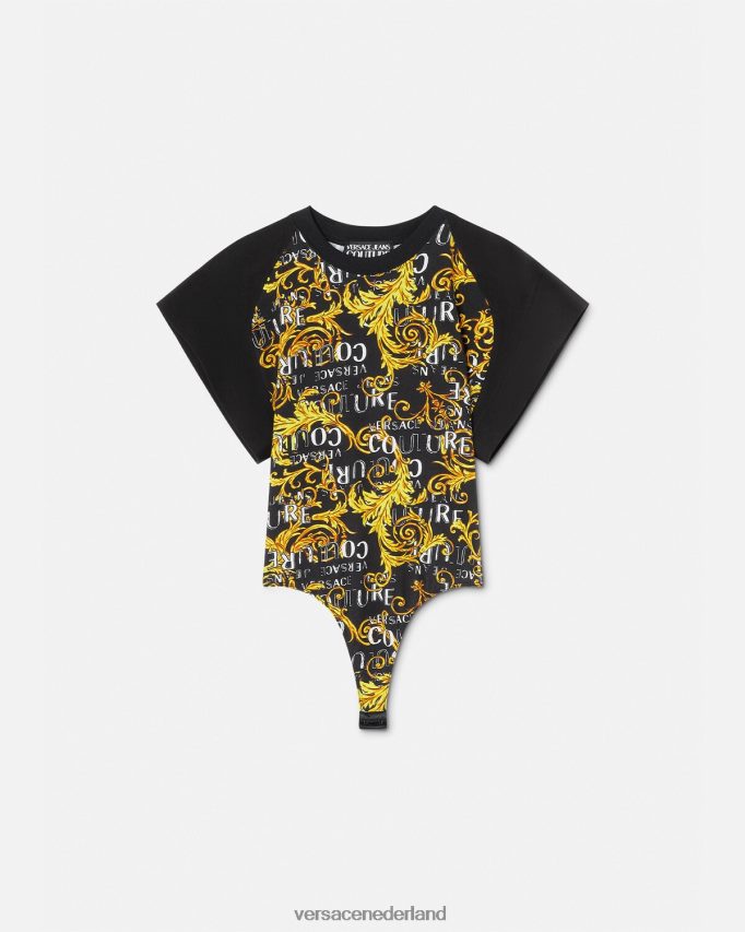 Versace couture bodysuit-T-shirt met logo vrouwen zwart goud kleding J2T4F42208