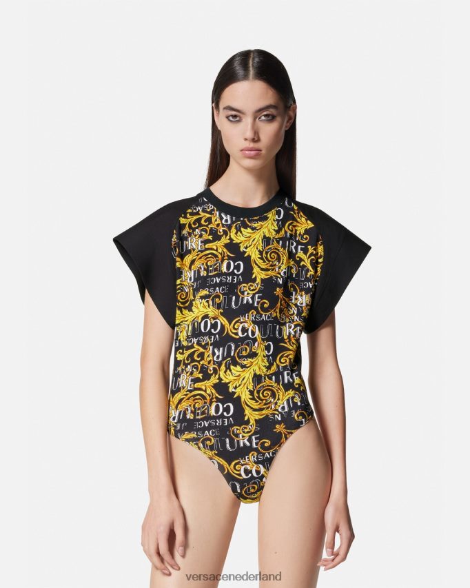 Versace couture bodysuit-T-shirt met logo vrouwen zwart goud kleding J2T4F42208