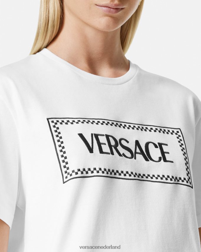 Versace geborduurd logo-T-shirt vrouwen zwart wit kleding J2T4F4136