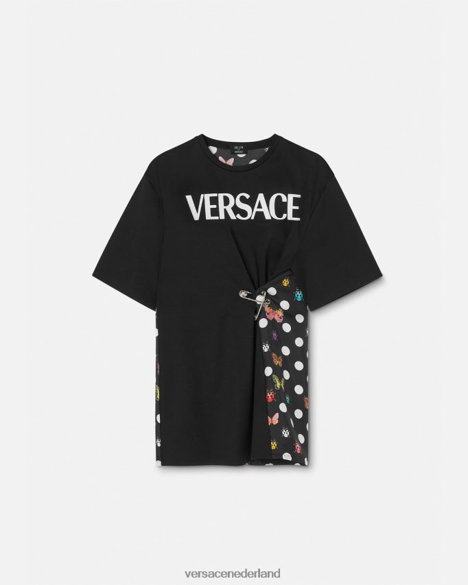 Versace vlinders veiligheidsspeld logo t-shirt vrouwen zwart & oranje & rood kleding J2T4F4131