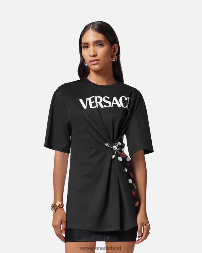 Versace vlinders veiligheidsspeld logo t-shirt vrouwen zwart & oranje & rood kleding J2T4F4131