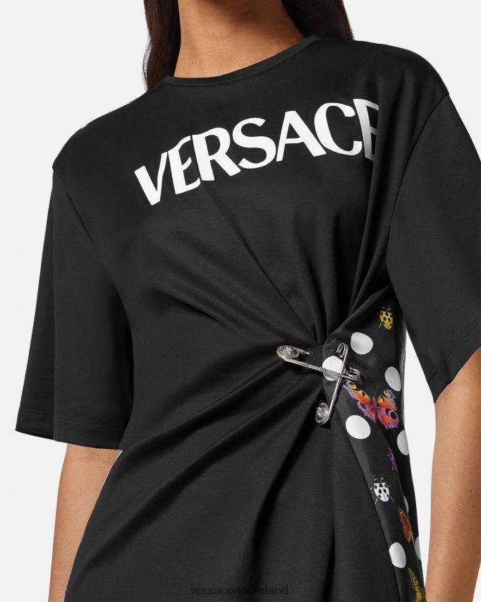 Versace vlinders veiligheidsspeld logo t-shirt vrouwen zwart & oranje & rood kleding J2T4F4131
