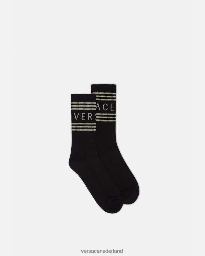 Versace Jaren 90 vintage logo-sokken vrouwen zwart goud ondergoed en strandkleding J2T4F41103