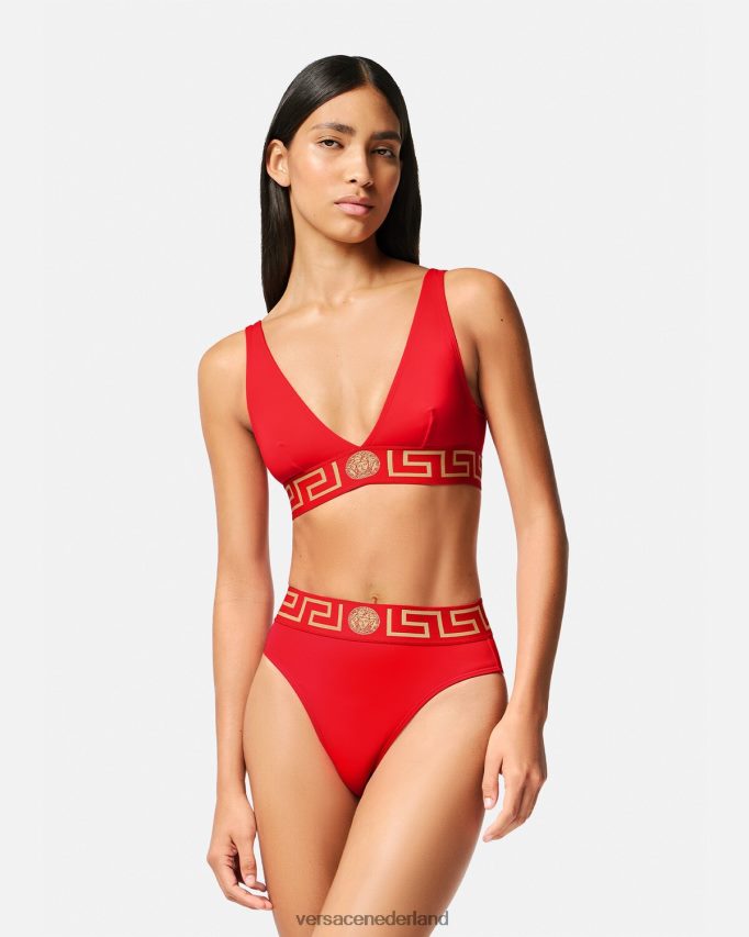 Versace Greca bikinibroekje met hoge taille en rand vrouwen rood ondergoed en strandkleding J2T4F41154
