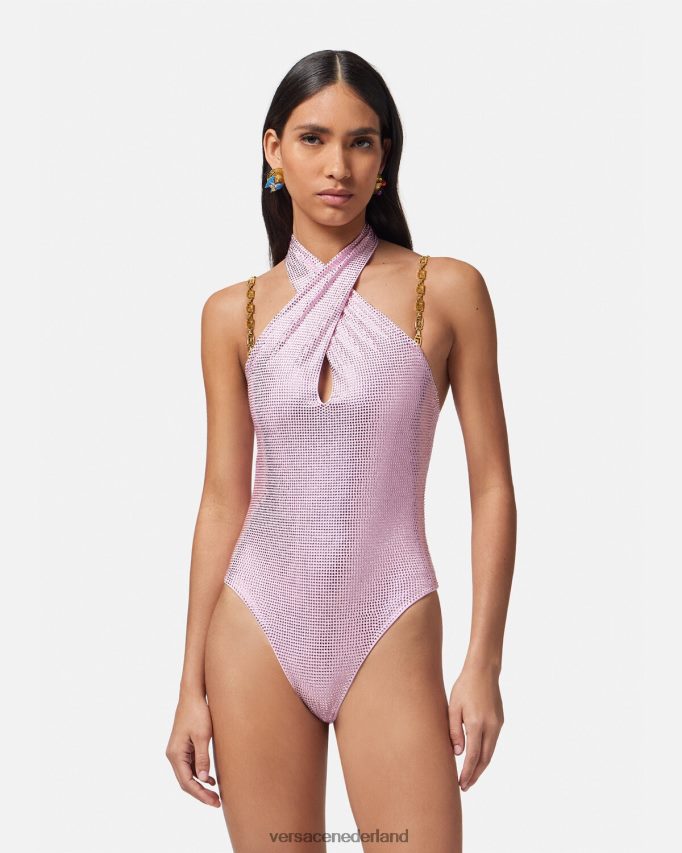 Versace Kristallen Greca-badpak vrouwen roze ondergoed en strandkleding J2T4F41124
