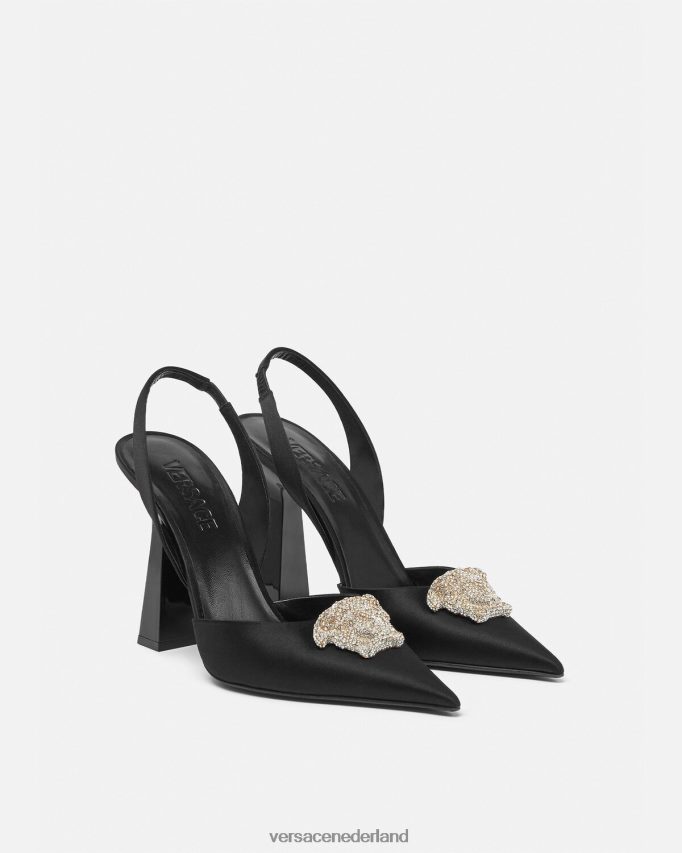 Versace Crystal la medusa satijnen slingback pumps vrouwen zwart schoen J2T4F4486