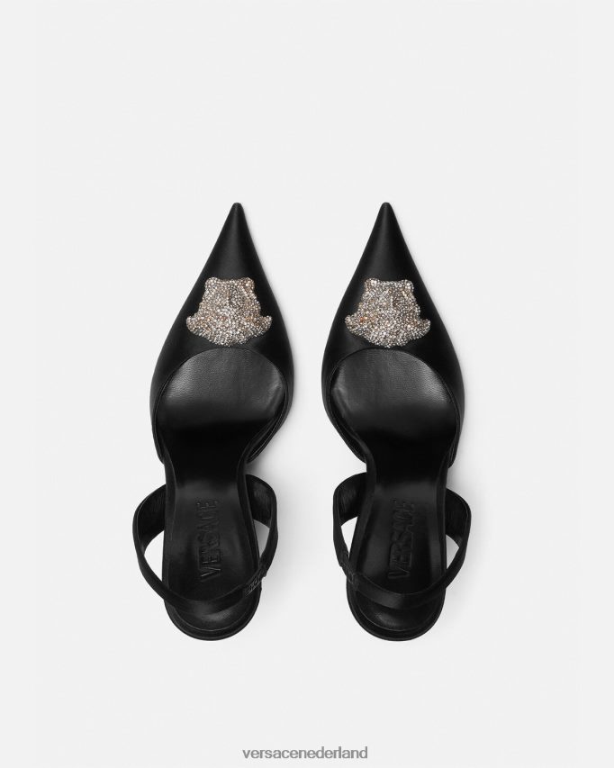Versace Crystal la medusa satijnen slingback pumps vrouwen zwart schoen J2T4F4486