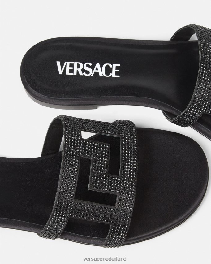 Versace Greca Maze kristallen platte sandalen vrouwen zwart schoen J2T4F4472