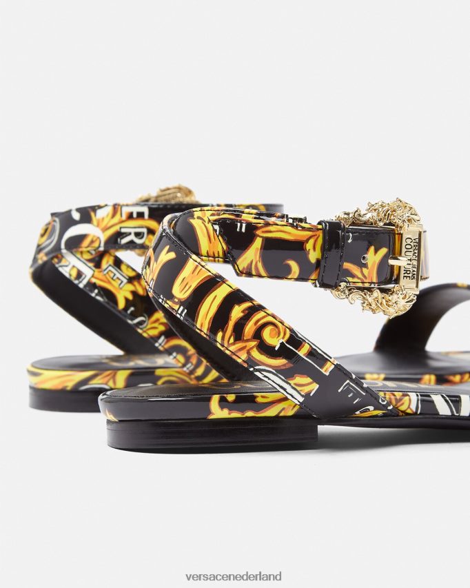 Versace Pop couture Millie platte sandalen vrouwen zwart goud schoen J2T4F42299